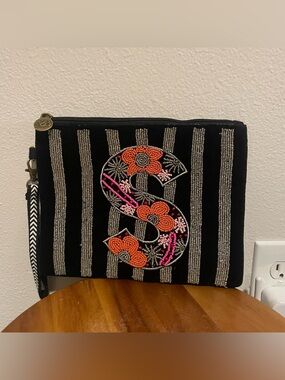 America & Beyond Initial “S” Colorful Floral Stripes Beaded Wristlet Small Bag